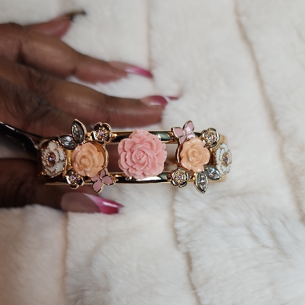Guess Gold Bracelet with Pink Floral Accents - Picture 1 of 7